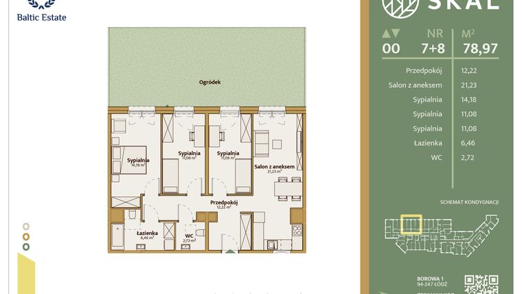 Rzut - Mieszkanie na sprzedaż 1 pokój o powierzchni 78,97 m² - numer M.7+8 w Skal