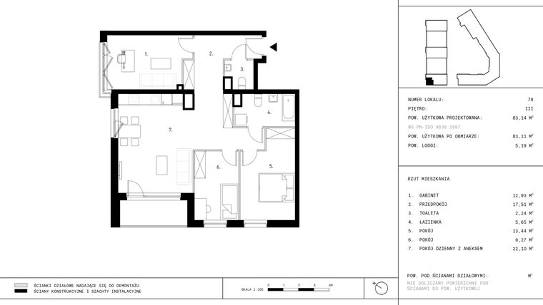 Rzut - Mieszkanie na sprzedaż 3 pokoje o powierzchni 83,11 m² - numer A15.P3 w Nocznickiego 29 bud. A