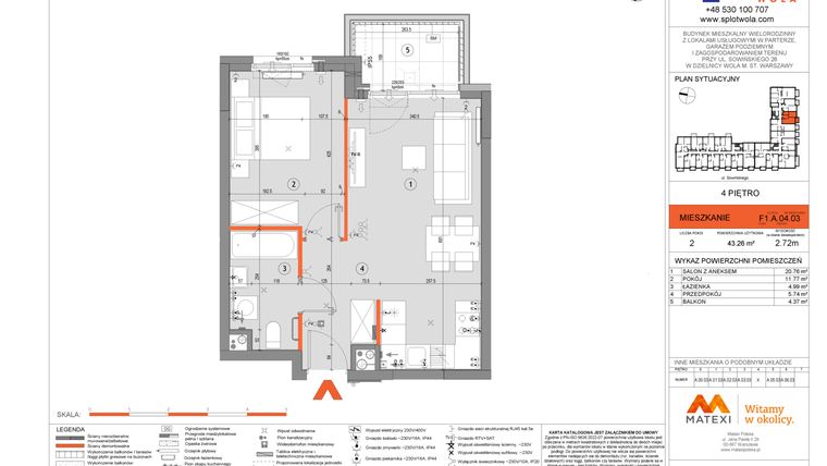 Rzut - Mieszkanie na sprzedaż 2 pokoje o powierzchni 43,26 m² - numer F1.A.04.03 w Splot Wola