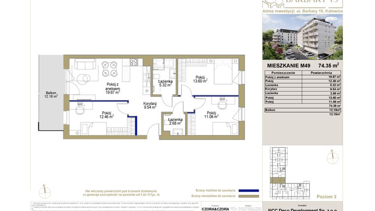 Rzut - Mieszkanie na sprzedaż 4 pokoje o powierzchni 74,35 m² - numer 49 w Barbary 19