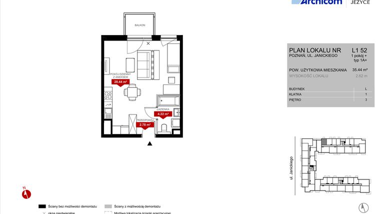 Rzut - Mieszkanie na sprzedaż 1 pokój o powierzchni 35,44 m² - numer L1.52 w Wieża Jeżyce etap VI