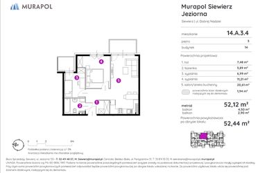 Rzut - Mieszkanie na sprzedaż 3 pokoje o powierzchni 52,44 m² - numer 14.A.3.4 w Murapol Siewierz Jeziorna