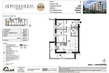 Rzut - Mieszkanie na sprzedaż 3 pokoje o powierzchni 48,48 m² - numer A2_M04 w Jemiołuszki Park etap 2