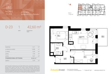 Rzut - Mieszkanie na sprzedaż 3 pokoje o powierzchni 42,6 m² - numer M23_NF.d w Nowe Flisy II