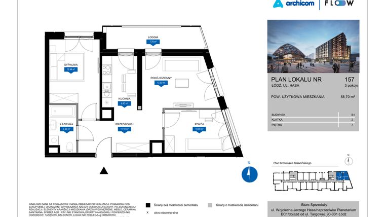 Rzut - Mieszkanie na sprzedaż 3 pokoje o powierzchni 58,7 m² - numer 157 w Flow