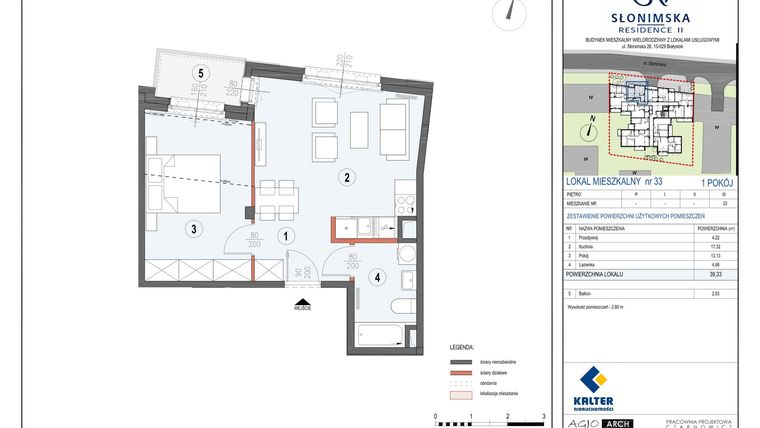 Rzut - Mieszkanie na sprzedaż 2 pokoje o powierzchni 39,33 m² - numer M33 w Słonimska Residence II