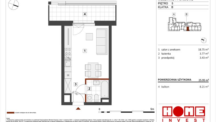 Rzut - Mieszkanie na sprzedaż 1 pokój o powierzchni 25,95 m² - numer B1-B104 w Warszawski Świt etap VIII