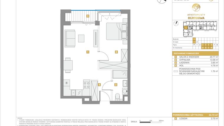 Rzut - Mieszkanie na sprzedaż 2 pokoje o powierzchni 44,72 m² - numer A.48 w Apartamenty Ogrodowa