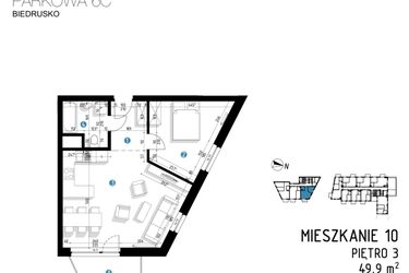 Rzut - Mieszkanie na sprzedaż 2 pokoje o powierzchni 49,9 m² - numer 6C.10 w Parkowa 6AC - ETAP III