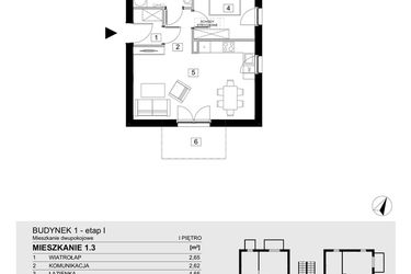 Rzut - Mieszkanie na sprzedaż 2 pokoje o powierzchni 43,55 m² - numer 1.3 w Jasieny