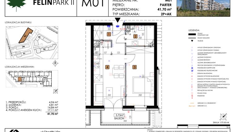 Rzut - Mieszkanie na sprzedaż 2 pokoje o powierzchni 41,7 m² - numer M01 w Felin Park II etap 2