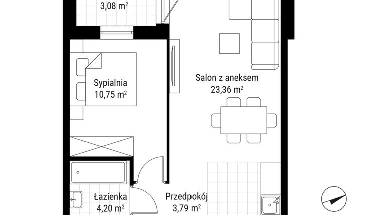 Rzut - Mieszkanie na sprzedaż 2 pokoje o powierzchni 42,1 m² - numer B.20 w Nowa Namiarkowa