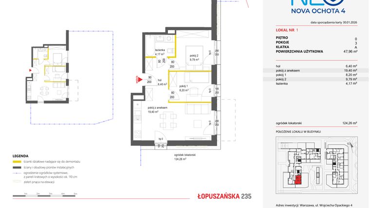 Rzut - Mieszkanie na sprzedaż 3 pokoje o powierzchni 47,96 m² - numer 1 w Neo Nova Ochota 4
