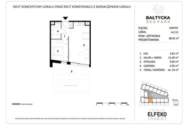 Rzut - Mieszkanie na sprzedaż 2 pokoje o powierzchni 38,95 m² - numer A.0.12 w Bałtycka Sea Park