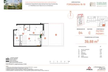 Rzut - Mieszkanie na sprzedaż 2 pokoje o powierzchni 39,88 m² - numer 18.4 w Osiedle Nowe Horyzonty etap II