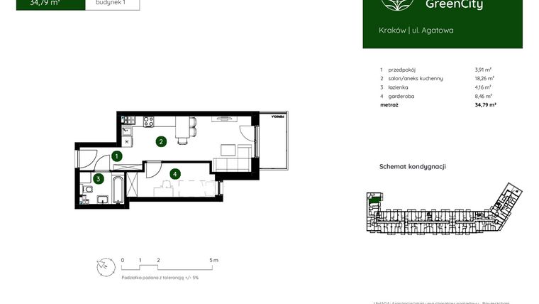 Rzut - Mieszkanie na sprzedaż 1 pokój o powierzchni 34,79 m² - numer 1.A.2.10 w Murapol GreenCity bud. 1