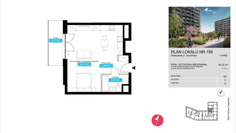Rzut - Mieszkanie na sprzedaż 1 pokój o powierzchni 44,22 m² - numer B3.195 w Stacja Wola - Etap III