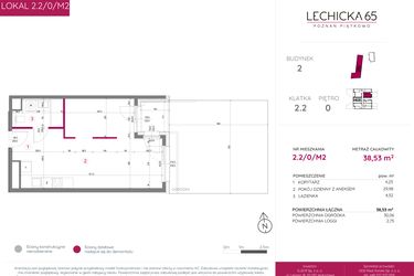 Rzut - Mieszkanie na sprzedaż 2 pokoje o powierzchni 38,53 m² - numer 2.2/0/M2 w Lechicka 65