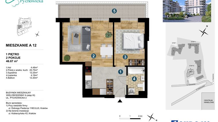 Rzut - Mieszkanie na sprzedaż 2 pokoje o powierzchni 46,67 m² - numer A.12 w Kapelanka-Pychowicka Etap III