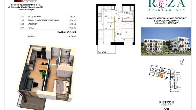 Rzut - Mieszkanie na sprzedaż 2 pokoje o powierzchni 31,44 m² - numer M  28 w Apartamenty Róża