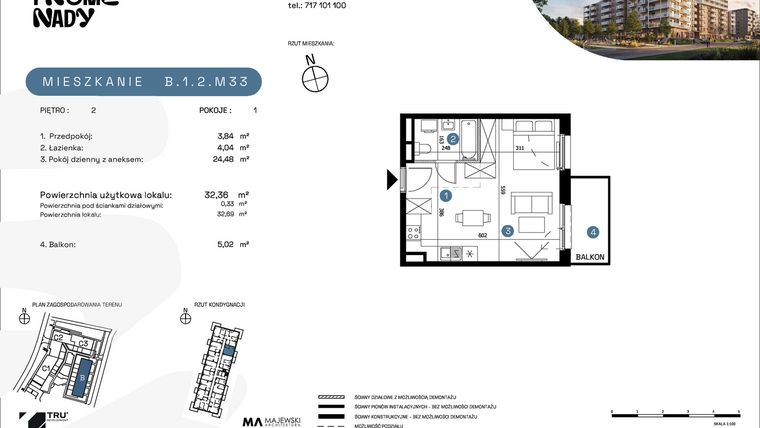 Rzut - Mieszkanie na sprzedaż 1 pokój o powierzchni 32,36 m² - numer B.1.2.M33 w Nowe Promenady etap II