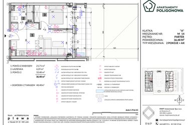 Rzut - Mieszkanie na sprzedaż 2 pokoje o powierzchni 36,48 m² - numer 14 w Apartamenty Poligonowa etap 5
