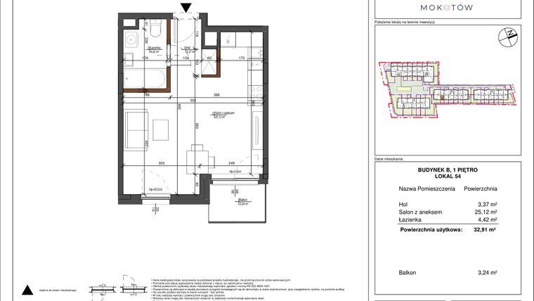 Rzut - Mieszkanie na sprzedaż 1 pokój o powierzchni 32,91 m² - numer 54 w Aura Mokotów II