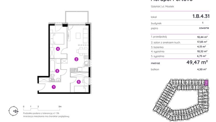 Rzut - Mieszkanie na sprzedaż 3 pokoje o powierzchni 49,25 m² - numer 1.B.4.31 w Murapol Portovo etap II