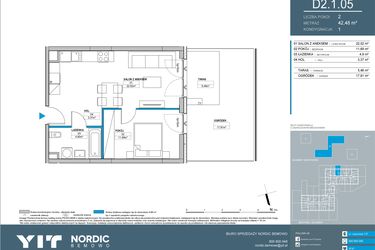 Rzut - Mieszkanie na sprzedaż 2 pokoje o powierzchni 42,48 m² - numer D2.1.05 w Nordic Bemowo - etap IV