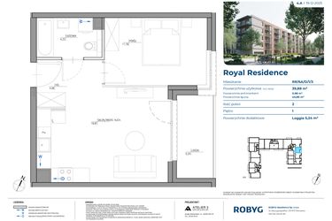 Rzut - Mieszkanie na sprzedaż 2 pokoje o powierzchni 40,07 m² - numer RR/6A/D/1/3 w Royal Residence 6A