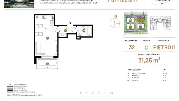 Rzut - Mieszkanie na sprzedaż 1 pokój o powierzchni 31,25 m² - numer JAR-III-C-LM-M32 w Osiedle JAR Heweliusza etap III