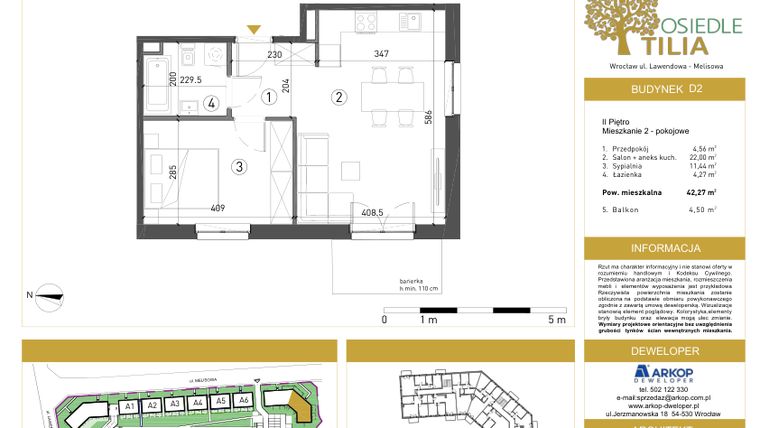 Rzut - Mieszkanie na sprzedaż 2 pokoje o powierzchni 42,27 m² - numer D2/2/13 w Osiedle Tilia