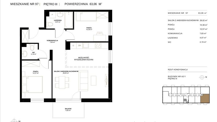 Rzut - Mieszkanie na sprzedaż 3 pokoje o powierzchni 63,06 m² - numer A2.1.97 w Altro A2/1