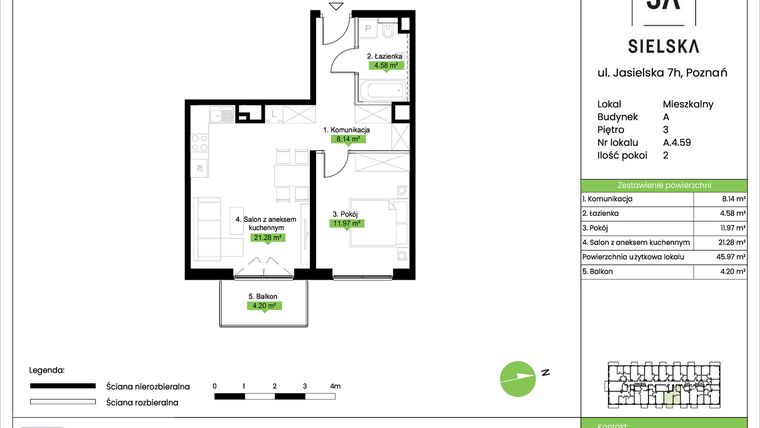 Rzut - Mieszkanie na sprzedaż 2 pokoje o powierzchni 45,97 m² - numer A.4.59 w JA_SIELSKA V