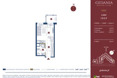Rzut - Mieszkanie na sprzedaż 1 pokój o powierzchni 25,76 m² - numer I.B.2.2 w GEDANIA Riverside Living - apartamenty inwestycyjne