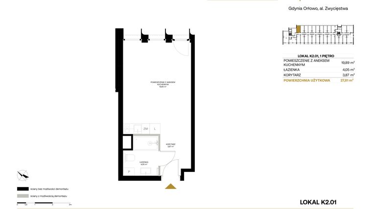 Rzut - Mieszkanie na sprzedaż 1 pokój o powierzchni 27,81 m² - numer K2.01 w Orłowo Square - Apartamenty inwestycyjne