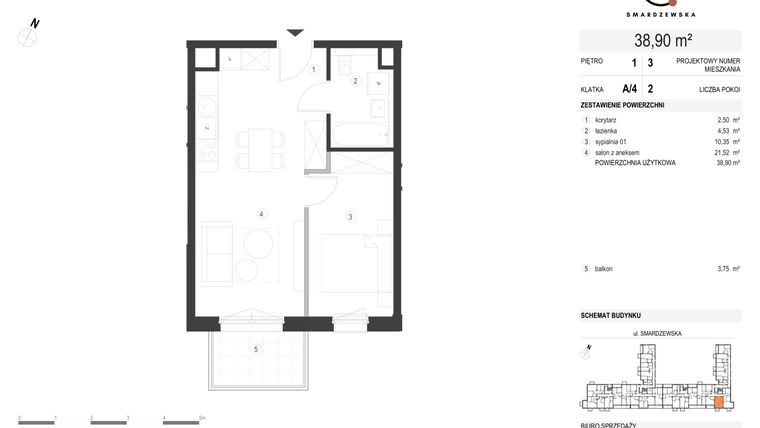 Rzut - Mieszkanie na sprzedaż 2 pokoje o powierzchni 38,9 m² - numer A/4/1.3 w Smardzewska 8