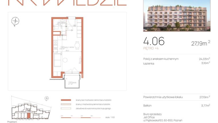 Rzut - Mieszkanie na sprzedaż 1 pokój o powierzchni 27,19 m² - numer 4.06 w Na Wildzie