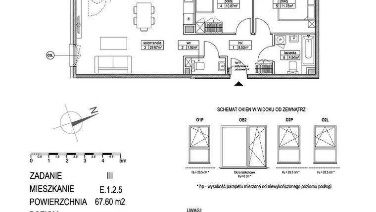 Rzut - Mieszkanie na sprzedaż 3 pokoje o powierzchni 67,5 m² - numer E.1.2.5 w Atut III