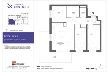 Rzut - Mieszkanie na sprzedaż 4 pokoje o powierzchni 69,08 m² - numer B.3.5 w CIS Park
