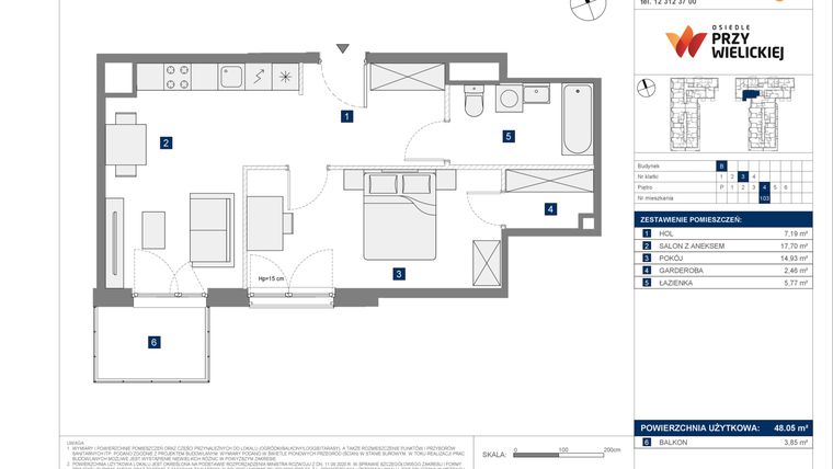 Rzut - Mieszkanie na sprzedaż 2 pokoje o powierzchni 48,05 m² - numer B-103 w Osiedle przy Wielickiej etap 1.2