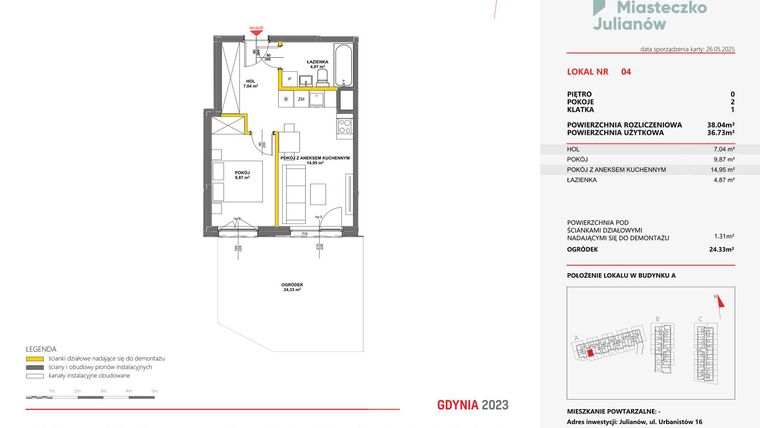 Rzut - Mieszkanie na sprzedaż 2 pokoje o powierzchni 38,04 m² - numer 4 w Miasteczko Julianów