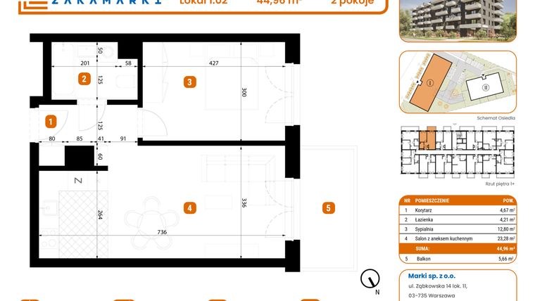 Rzut - Mieszkanie na sprzedaż 2 pokoje o powierzchni 44,96 m² - numer B1/1/02 w Zakamarki