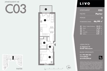 Rzut - Mieszkanie na sprzedaż 2 pokoje o powierzchni 46,99 m² - numer C03 w Livo