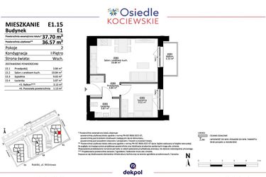Rzut - Mieszkanie na sprzedaż 2 pokoje o powierzchni 36,57 m² - numer E1.15 w Osiedle Kociewskie bud. E