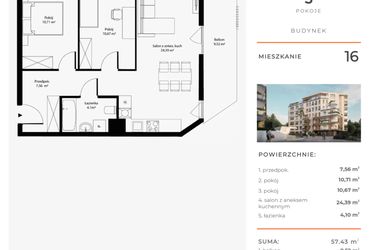 Rzut - Mieszkanie na sprzedaż 3 pokoje o powierzchni 57,43 m² - numer 16 w Bytkowska 4.0