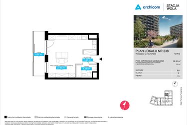 Rzut - Mieszkanie na sprzedaż 1 pokój o powierzchni 36,3 m² - numer B3.238 w Stacja Wola - Etap III
