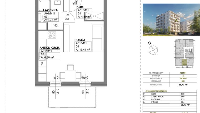 Rzut - Mieszkanie na sprzedaż 1 pokój o powierzchni 28,73 m² - numer A00_M11 w Wierzbowy Park