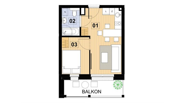 Rzut - Mieszkanie na sprzedaż 2 pokoje o powierzchni 27,79 m² - numer L21 w Green Park Resort III
