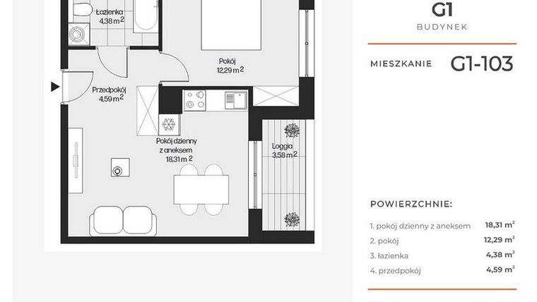 Rzut - Mieszkanie na sprzedaż 2 pokoje o powierzchni 39,57 m² - numer G1-103 w Piasta Park VI